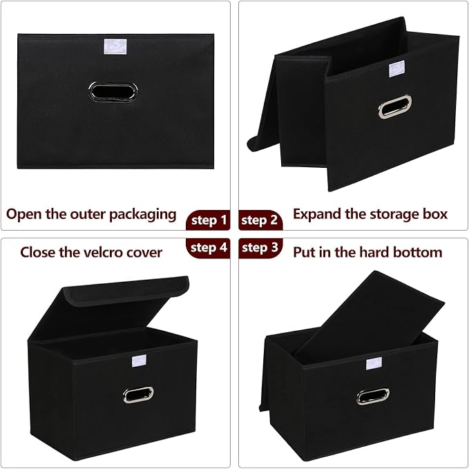 STOREONE Fabric Storage Cube Bins Foldable Organizer Container Collapsible Basket with Lids and Metal Handles, for Home, Bedroom, Closet 6 Pcs (Black)