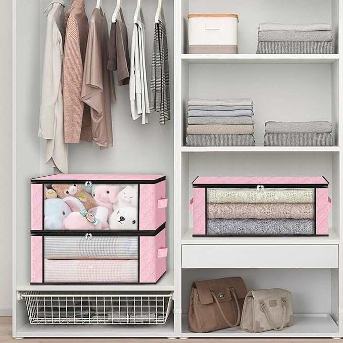 HomeHacks 4-Pack Clothes Organizer Storage Bags, 35L Storage Bins, Pink | Foldable Storage Box Container with Zippers, Clear Window, Reinforced Handles for Closet, Dorm, Pillows, Bedding, Sweater
