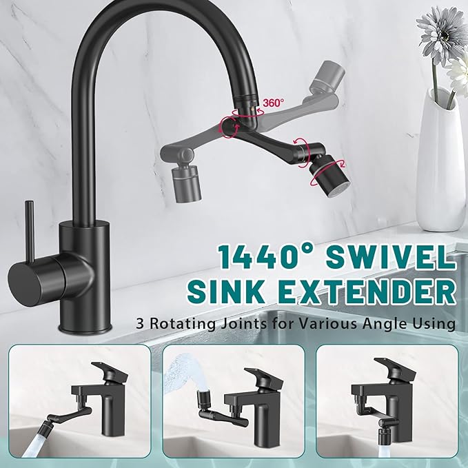 CECEFIN 1440 Swivel Faucet Extender for Kitchen/Bathroom Sink, NSF/ANSI 372 | Black Tap Aerator Extension, 1080° Large-Angle Splash, 2-Water Outlet Spray, Rotating Robotic Arm, Wash Hand/Face