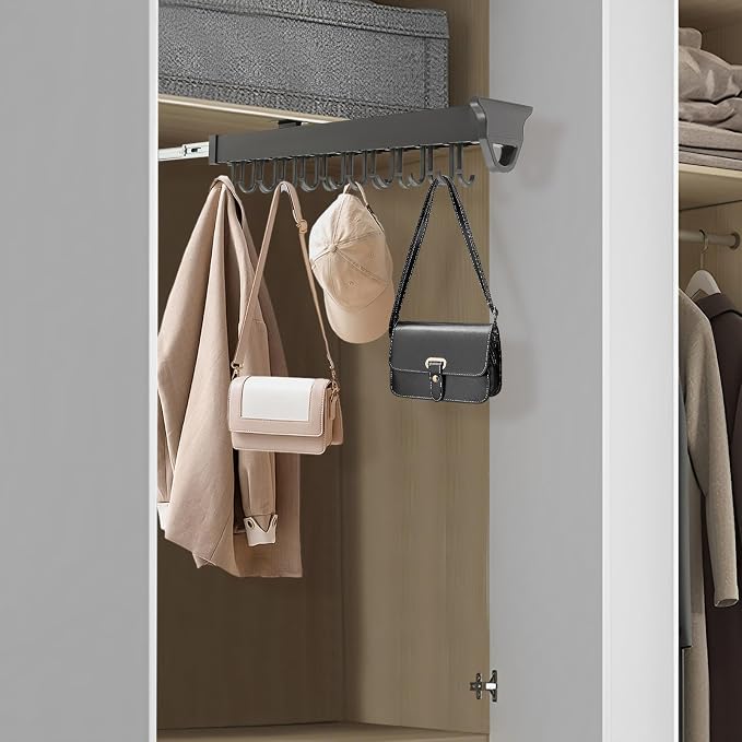 Pull Out Broom and Mop Organizer, Wall Mounted Sliding Storage Rack with 20 Adjustable Hooks, 66 lbs Capacity Slide Out Cabinet Organizer for Laundry Room Kitchen Garage Closet Pantry