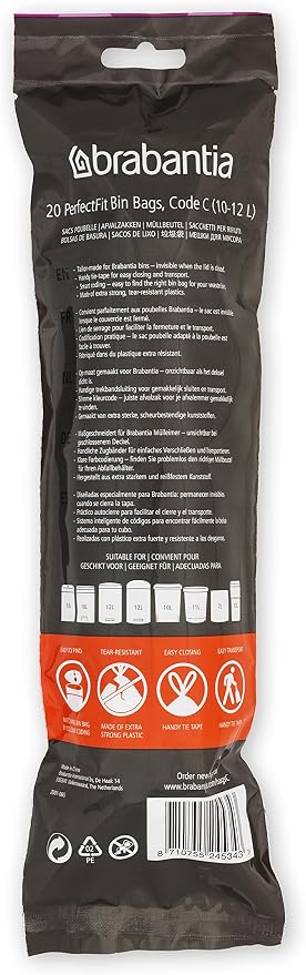 Brabantia PerfectFit Trash Bags (Size C/2.6-3.2 Gal) Thick Plastic Trash Can Liners with Drawstring Handles (200 Bags)