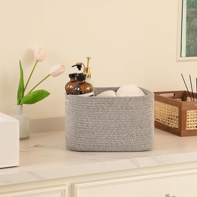 OIAHOMY 4 Pack Storage Baskets for Organizing 24L Cube Storage Bins Grey | Woven Baskets for Storage Rectangle Small Baskets With Handles Baskets for Shelves Wicker Baskets for Shelves 16x12x8inch