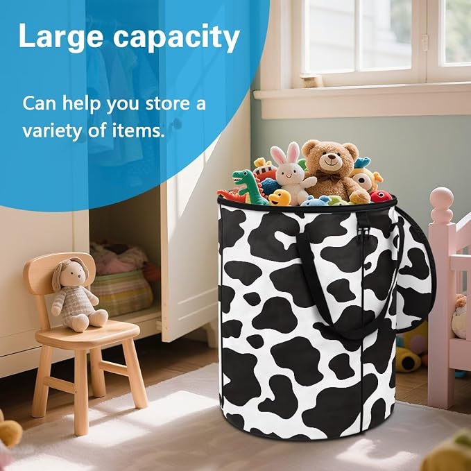 Cow Print 24 Gallon Large Capacity Collapsible Trash Can with Lid and Handles Outdoor Camping Waster Bag Garden Leaf Bin/Laundry Hamper/Childrens Toy Bin