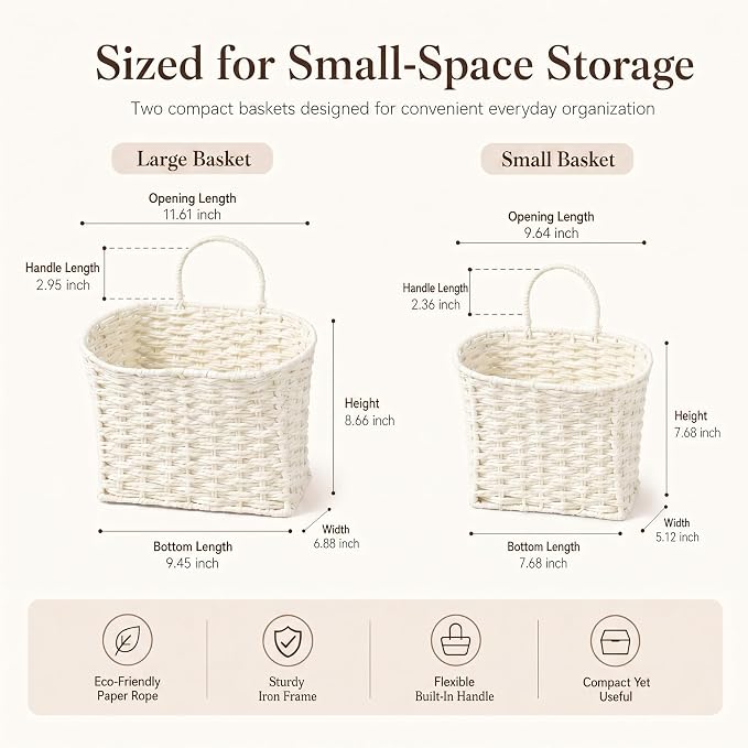 Coeusy Set of 2 Wicker Hanging Basket,Paper Roper Wall Basket,Beige White | Rattan Baskets for Front Door, Mail, Flowers,Entryway,Nursery Wall Decor Storage