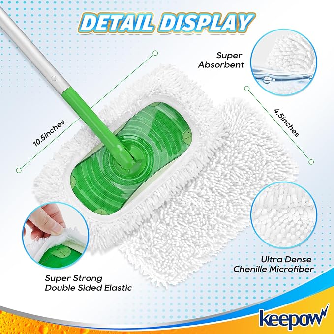 KEEPOW Reusable Microfiber Mop Pads Compatible with Swiffer Sweeper, 4 Pack | Dry Sweeping Cloths Microfiber Wet Mop Pads, Mop Replacement Sweeping Mopping pad Refills for Hardwood Surface Floor Cleaning