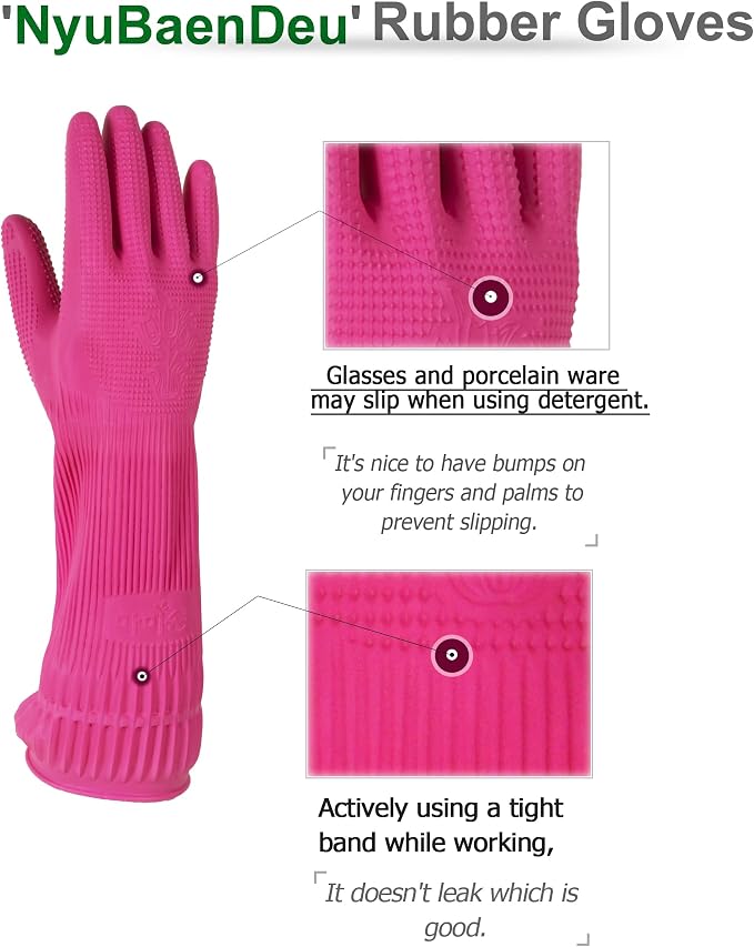 Kitchen Rubber Gloves New Band, 1 Pair, Large, Made in Korea | Korean natural latex, long cuff, thick and durable, textured non-slip grip, for dishwashing and kitchen cleaning