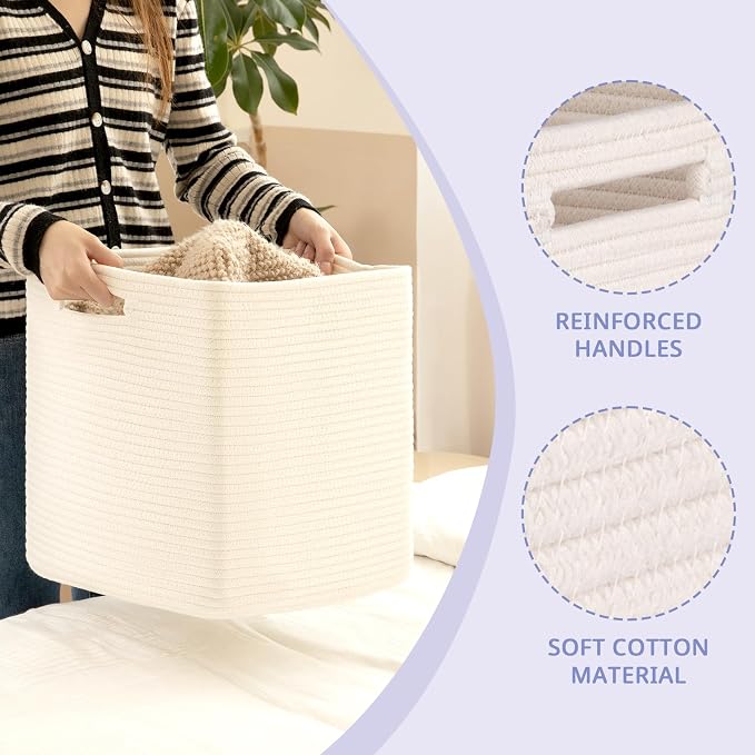 OIAHOMY 3 PACK Cube Storage Bin 13 Inch Collapsible Storage Cube White | Cube Storage Organizer Storage Bins for Shelves Baskets for Organizing Woven Rope Storage Baskets