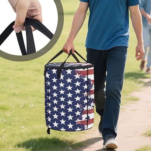 doginthehole 4th of July Decor Collapsible Trash Can with Lid Patriotic American Flag Trash Can 23 Gallon Waterproof Portable Outdoor Waste Bin for Car, Camping, Picnic, Independence Day Decorations
