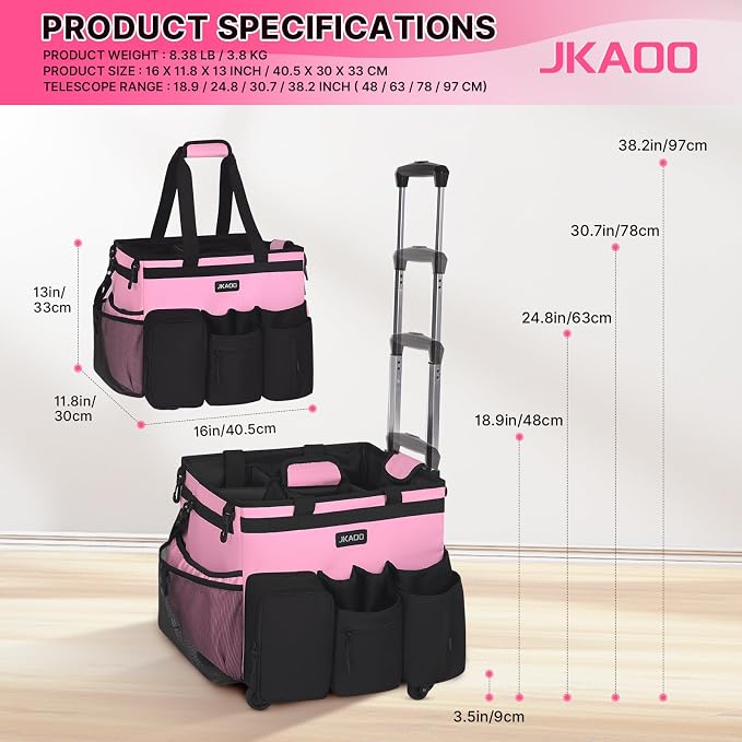 JKAOO Large Rolling Cleaning Caddy Bag with Detachable Trolley, Pink | Waterproof Cleaning Caddy with Wheels, 40L Wheeled Organizer Cart for Supplies, Housekeepers, Home, Office, Car, Picnic