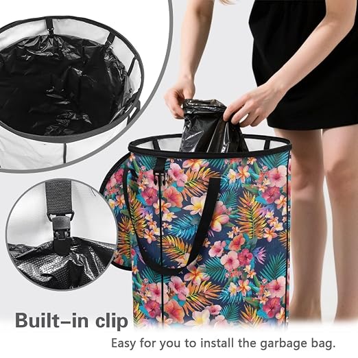 BIGCARJOB Tropical Leaves Collapsible Trash Can Portable Tall Trash Can Oval Recycling Bin 22.83x17.71 Outside Garbage Bin Storage Bag with Clip and Zipper Lid
