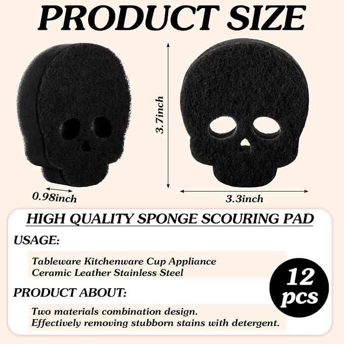 Tioncy 12 Pack Halloween Skull Kitchen Sponges, Black | Dual Sided Scrubber, Gothic Halloween Decor, Reusable Non Scratch Dishwashing, for Cookware Pot Boiler Pan Household