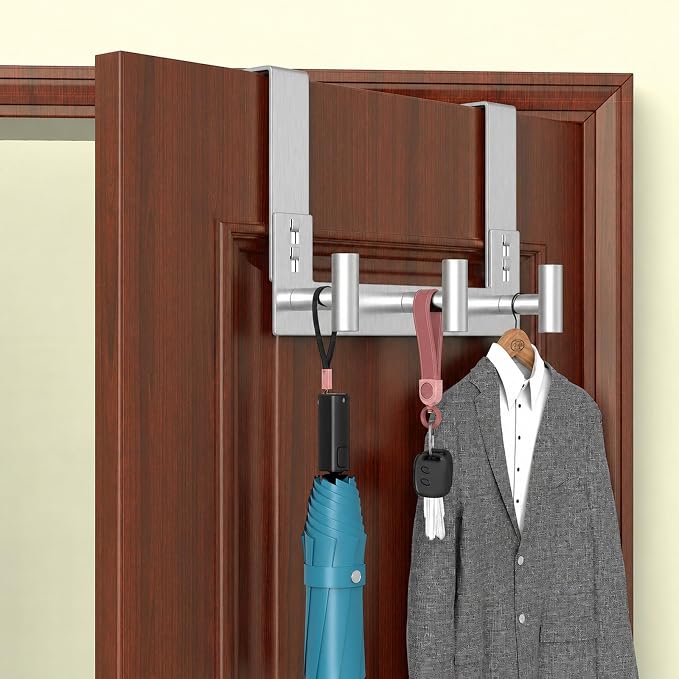 PMMASTO Door Hanger for 1-3/4 Inch Doors, Silver- 3 Hooks, T Shape | Stainless Steel Door Hooks Organize Coats Towels Robes in Bathrooms Bedrooms Closets