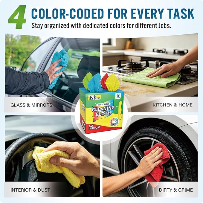 GLIMGLINT Microfiber Cleaning Cloth 120 Pack, Reusable Paper Towels 11 x 9 | Lint Free & Ultra Absorbent Cleaning Rags for Car, Home, Kitchen, Glass & Screen, Washable Shop Towel Rag with Box Multicolor