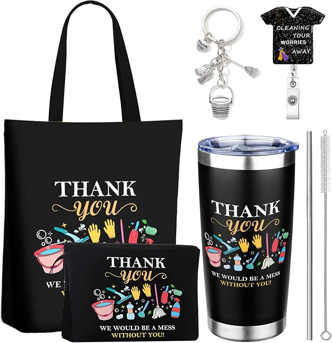 5 Pcs Housekeeping Appreciation Gifts for Women Housekeeping Week Gifts | 20oz Tumbler Mug Canvas Bag Cosmetic Bag Keychains Badge Holder Housekeeping Week Gifts for Cleaning Lady Housekeepers