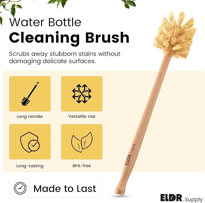 Bottle Brush, 14in Extra Long German Beechwood Handle, Strong Hemp Bristles, Zero Waste, Cleans and Scrubs Hard to Reach Wide Mouth Jars, Glasses, and Tumblers