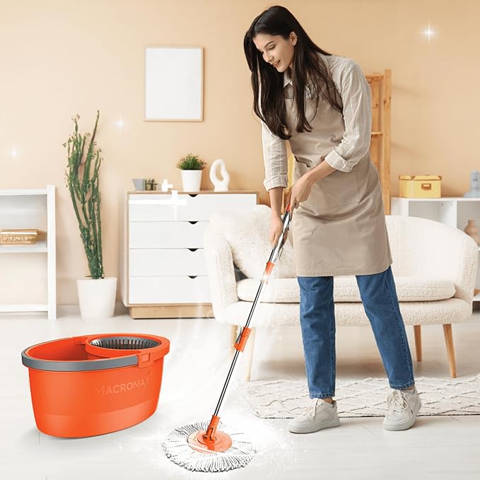 Macromax Faster Spin Mop and Bucket Set with 9 Refill– 360° Rotating Microfiber Mop with Smart Drying System – Adjustable Dampness – Ergonomic Handle – Multi-Surface Floor Cleaning Tool