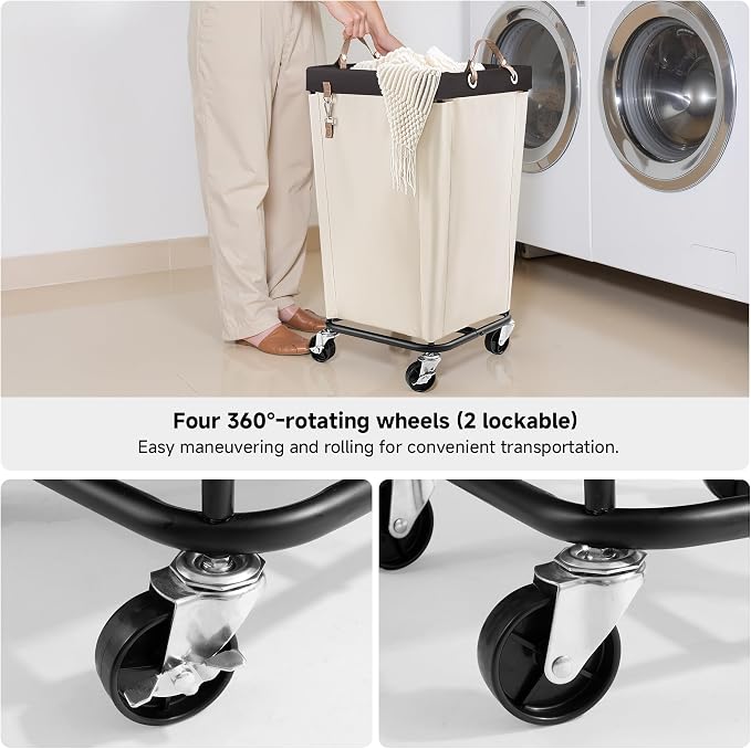 StorageWorks 110L Laundry Basket with Wheels, Rolling Hampers for Clothing | Beige Laundry Basket with Wheels, Metal Frame & Handles, Rolling Hamper for Bedroom, Bathroom, Dorm, Hotel