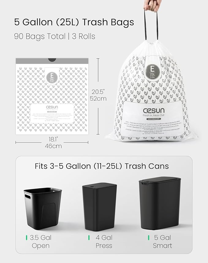 Cesun Code E Drawstring Trash Bags 90 Count, 5 Gallon / 25 Liter | Small Trash Can Liners, Specifically Designed for Cesun 5 Gal Small Trash Cans, Extra-thick & Leak Proof