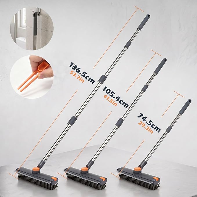 Masthome 3 in 1 Floor Scrub Brush with Long Handle 53.7" | Adjustable Heavy Duty Stiff Bristle Scrubber with Squeegee & Tweezer, 360° Rotating Head for Bathroom, Garage, Deck, Floors