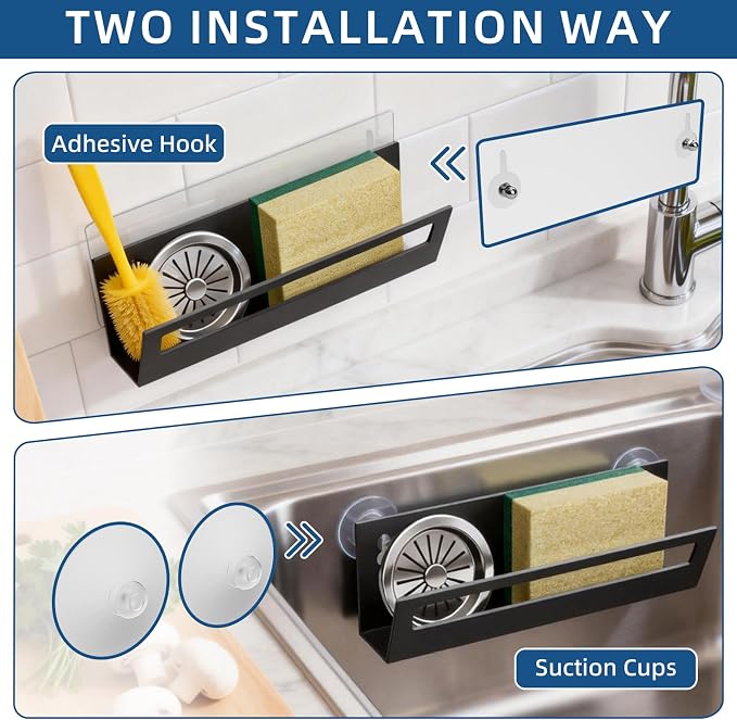 Epicano Sponge Holder for Kitchen Sink with Suction Cups & Adhesive Hook, Rustproof In-sink Sponge Holder, Space-saving Wall Hanging Sink Caddy Organizer Rack - Sponge, Dish Cloth, Brush- 2 Pack