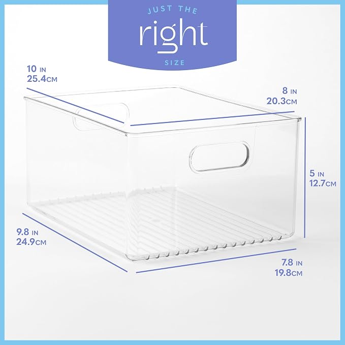 Plastic Food Storage 4 Pack Clear Container Bin with Handles for Organizing Kitchen, Pantry, Refrigerator, Freezer, Pantry, Cabinet, Closet, Bathroom 10”x8”x5”