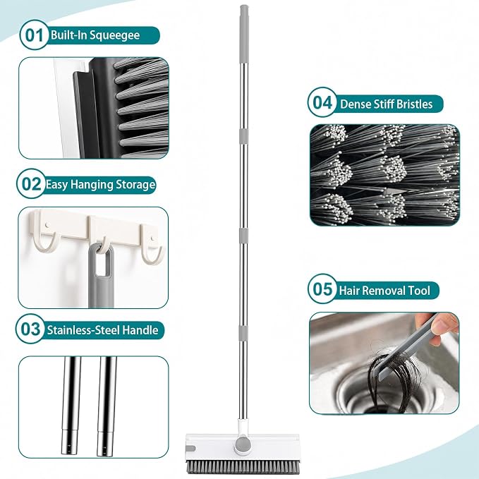 Ceruaxb Floor Scrub Brush with Long Handle, 3 in 1 Floor Scrubber, White | Stiff Bristles, Built-In Squeegee and Hidden Tweezers for Shower, Tile, Grout, Kitchen, Patio, Garage and Deck Cleaning