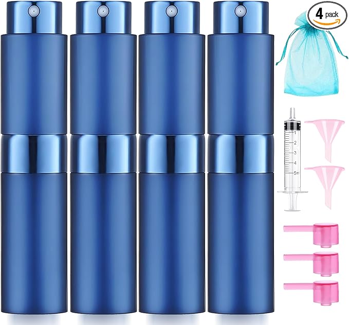 8ML Perfume Atomizer 4pcs Blue Cologne Travel Spray Bottle with Bag | Empty Cologne Dispenser, Portable Sprayer, Travel Essentials for Men and Women, Twist Type Refill, Small Bottles