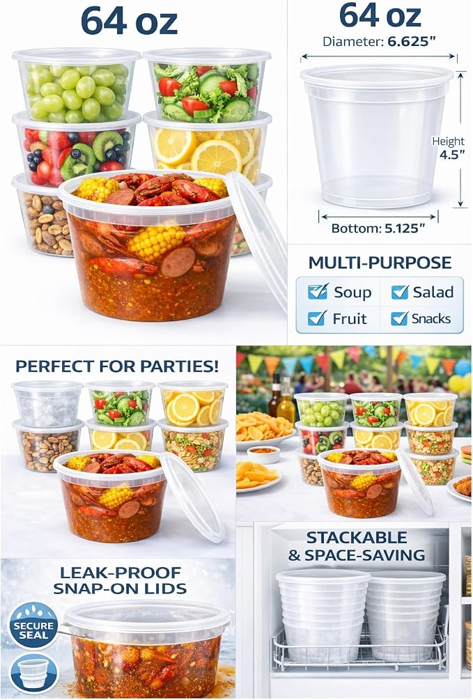 64 oz [8-Pack] BPA Free Microwavable Plastic Deli Containers with Lids | Leak-resistant, stackable and freezer-safe design keeps soups, leftovers and large portions fresh