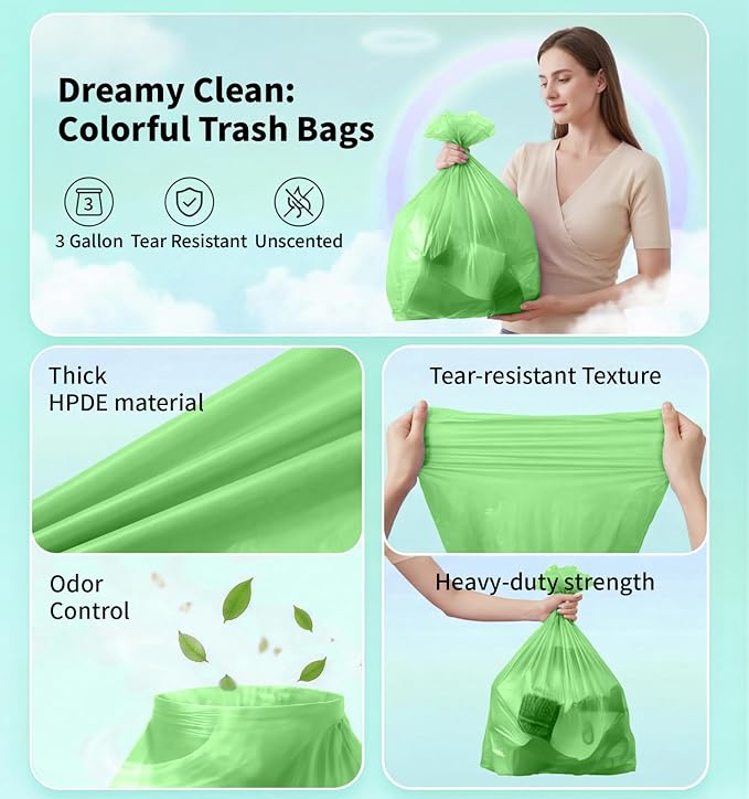 Small 3 Gallon Trash Bags Unscented, 0.78 Mil, Green, 150 Count | 12 Liter Garbage Bag, Plastic Waste Basket Can Liners, Durable, Leakproof, Tear Resistant, for Bathroom Office Car Bulk