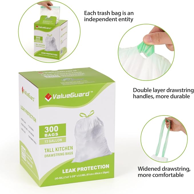 ValueGuard Large Trash Bag 13 Gallon Tall Drawstring 100% Post-Consumer Recycled Garbage Bag Waste Bag for Kitchen Office 0.8 Mil (300 Count)