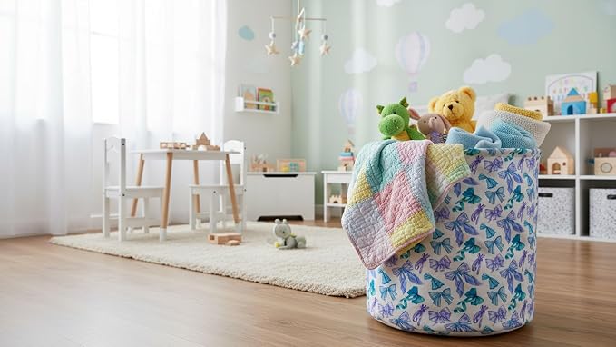 Collapsible Round Storage Basket, Soft-Sided Organizer with Waterproof Coating, Foldable Bin for Clothes,Laundry Basket, Nursery Hamper, Gift Baskets(Blue Bright Bowknot)