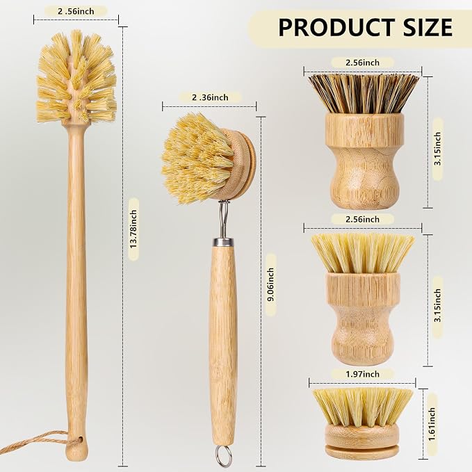 BOMUMVITA 5 Pack Bamboo Dish Brush Set with 14’’ Bottle Brush | Wooden Dish Brush with Natural Sisal & Palm Fiber, Natural Kitchen Scrub Brush for Dishes Pots, Pans, Sinks, Woks, Vegetables