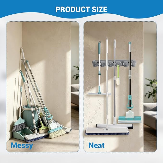 HOME MASTER HARDWARE (2 Pack 16 in Broom Mop Holder Garage Storage Organizer with 5 Racks 6 Hooks Adjustable Wall Mounted Storage Tool for Lanudry Garage Kitchen Garden