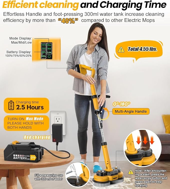 qimedo Cordless Electric Mop M1, 2-in-1 Spin Mop & Floor Scrubber | 800RPM electric floor Machine, 6000mAh Battery, Smart Display, LED Light & Water Spray for hardwood, tile and laminate floors