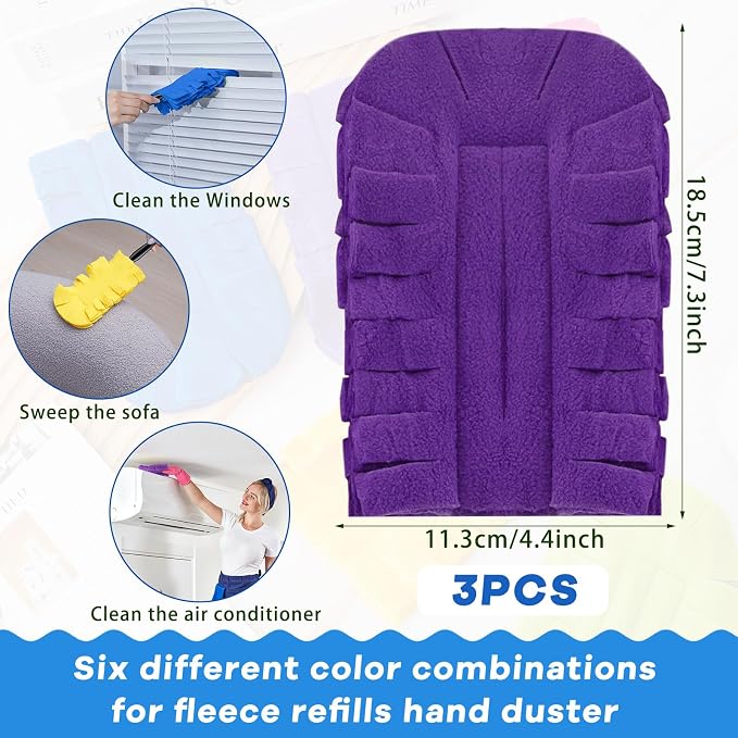 Zubebe 3 Pcs Reusable Duster Refills Fleece,Yellow, Blue, Purple | Soft Polyester Fiber Flat Duster Refill Multi Surface Washable Cleaning Pad Tools for Home, Blinds, Car, Pet, Furniture, Fans