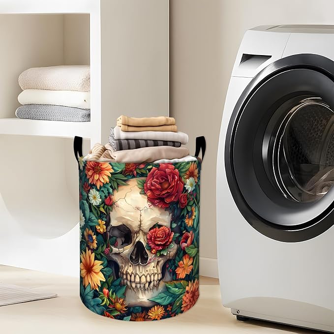 Skull Hidden Among Vibrant Floral Laundry Basket with Handles, 19.7"x15.7" Clothes Foldable Laundry Hamper Organizer for Dorm Nursery Bedroom Bathroom Decor, Toy Storage Bin for Kids
