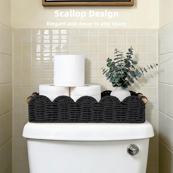 CubesLand Toilet Tank Paper Storage Basket Bathroom Decor Organizer Basket | Scalloped Decor Basket for Home, Living Room, Nursery, Wicker Bathroom Shelves Organization & Decorative Tray, Black
