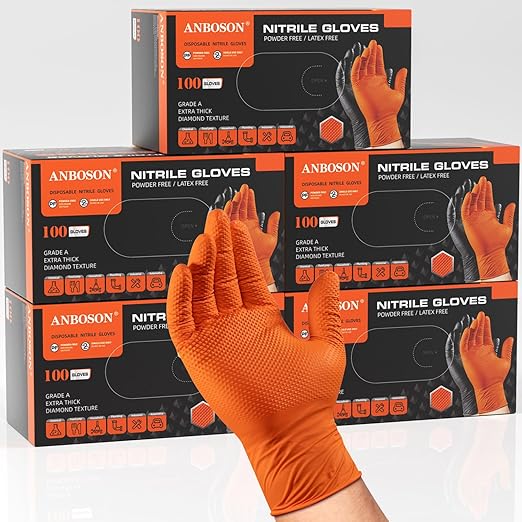 10 Mil Heavy Duty Industrial Nitrile Gloves, Orange Medium 500 Ct | 500 Ct Diamond Texture, Disposable Latex Free Rubber Gloves for Auto Repair,Workshop,Warehouses,Chemical Handling Industrial