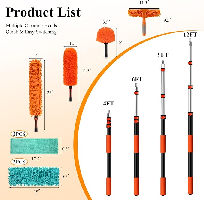 20ft Extendable Duster Kit for High Ceilings with Extension Pole | Tall Cobweb Duster, Microfiber Ceiling Fan Duster, 2-in-1 Window Squeegee, Wall Mop for Home Ceiling Wall High Reach Cleaning