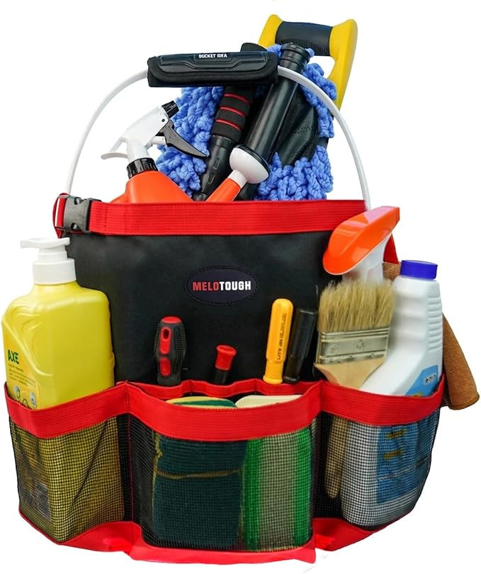 MELOTOUGH Bucket Car Wash Tool Organizer for Garden | Multiple Compartments, Fit 3.5-5 Gal Buckets, Classic Red, Durable Mesh Pockets, Water-Resistant, Easy To Carry