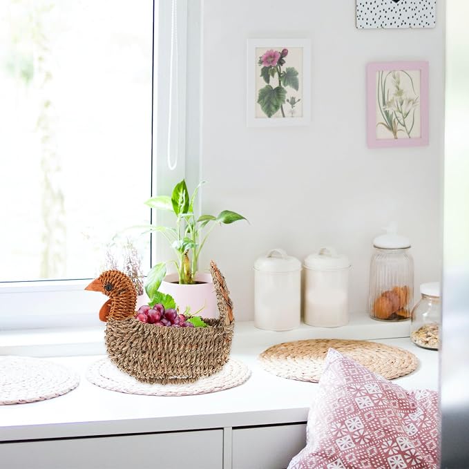BESPORTBLE Woven Turkey Pattern Storage Basket Portable Multifunctional Organizer for Home Sundries Decorative Light Grey Straw Container for Neat and Rustic Housekeeping