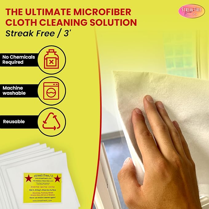 Streak Free/3 Microfiber Glass Cleaning Cloth, 6 Pack, Lint Free & Reusable | 16" x 16" Lint-Free Window & Mirror Cleaning Towels, Streak-Free Reusable Cloths for Glass, Cars & Home - Just Use Water