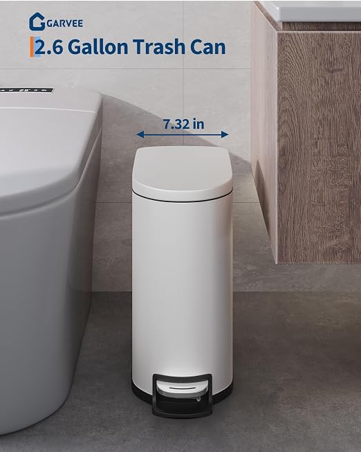 GarveeHome 2.6 Gallon Bathroom Trash Can, Space-Saving Slim Stainless Steel Step-On Garbage Bin with Soft Close Lid, Removable Inner Bucket for Bathroom & Bedroom, White