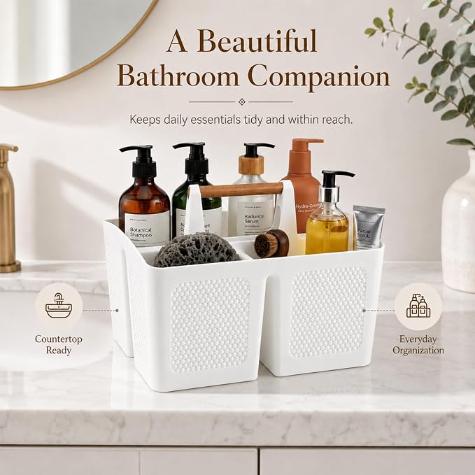Haundry Plastic White Shower Caddy Basket with 3 Compartments, Portable Divided Bathroom Cleaning Caddy Organizer Storage Tote with Handle for Dorm, College, Room Essentials