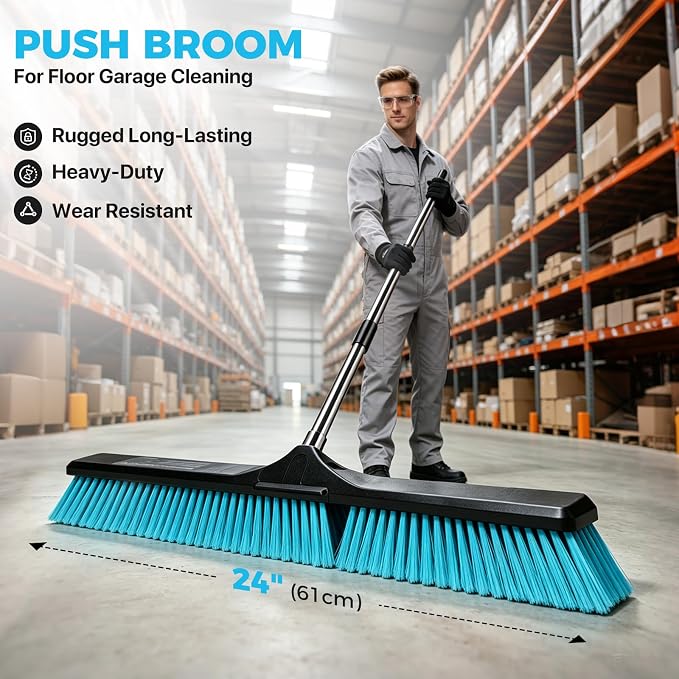 24" Push Broom Outdoor Heavy Duty, Commercial Push Broom for Cleaning, Blue | Industrial Broom with 55" Long Handle Stiff Bristles,Garden Brush Broom for Driveway Garage Yard Warehouse Floor Cleaning
