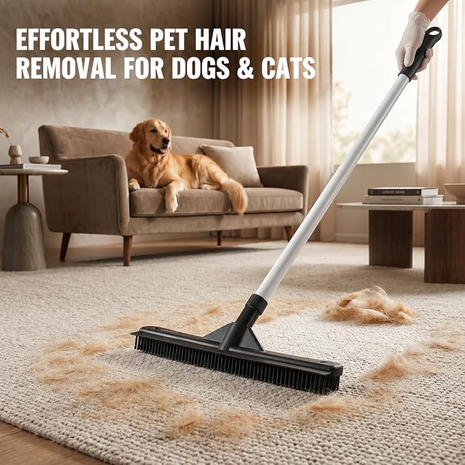 ForPro Premium FurBeGone Rubber Broom, Pet Hair Remover for All Floor Types, 12” Electrostatic Rubber Bristles, 50” Adjustable Telescopic Handle, Heavy Duty Floor & Salon Hair Broom