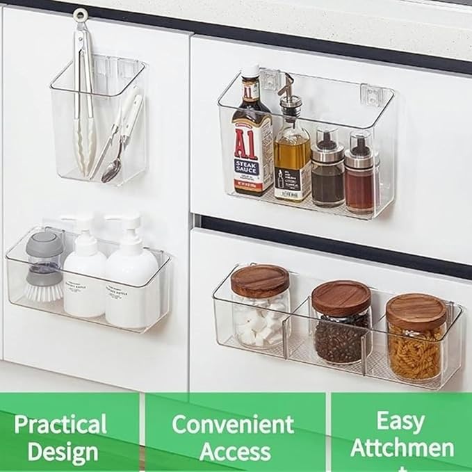 vacane 4 Pack Plastic Over Cabinet Door Organizer, Adhesive Mount Storage Organizer Container Makeup Organizer Hanging Basket Bins for Craft Room, Pantry, Office, Space Saving Holder for Kitchen Bags
