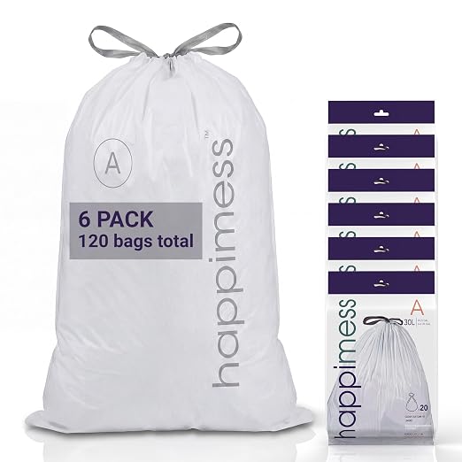 happimess 20-Count Unscented 8 Gal Drawstring Trash Bags, Clear, Pack of 6 | 30 Liters, Heavy Duty LDPE Plastic, Tear And Puncture Resistant, Tailored Custom Fit, Recyclable