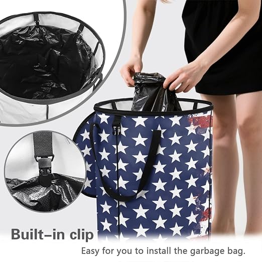 doginthehole 4th of July Decor Collapsible Trash Can with Lid Patriotic American Flag Trash Can 23 Gallon Waterproof Portable Outdoor Waste Bin for Car, Camping, Picnic, Independence Day Decorations