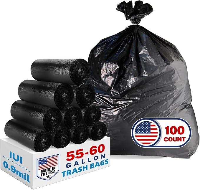 IUI 55-60 Gallon Trash Bags, Heavy Duty, 100 Count, Durable & Tear-Resistant Commercial Can Liners, Large Black Garbage Bags for Commercial, Home, Lawn and Leaf, 38" x 58", Made in USA